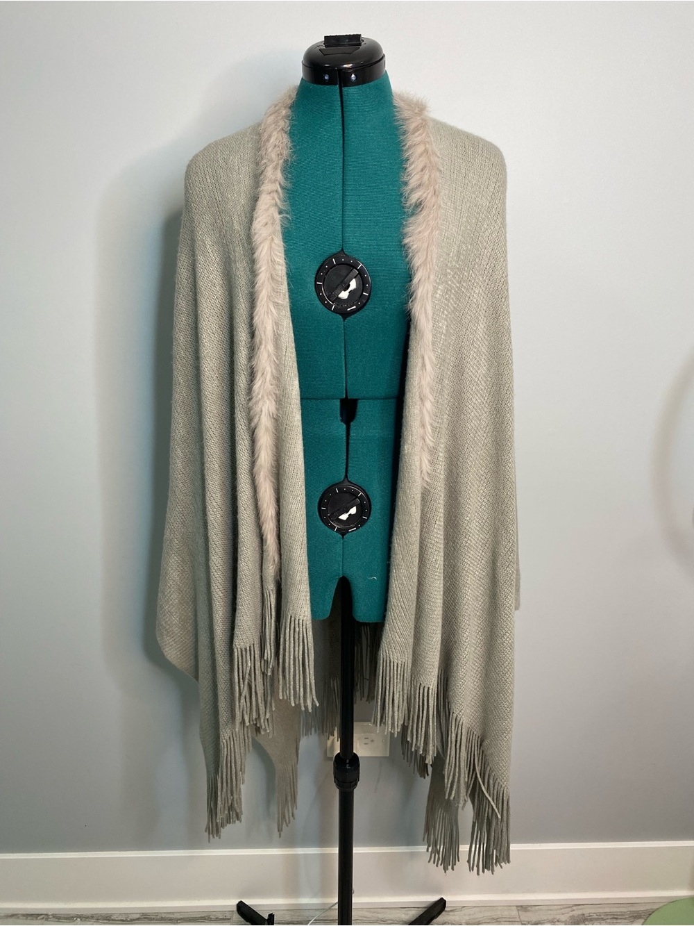 Cejon Light Gray Fur Trim Fringe Wrap Shawl